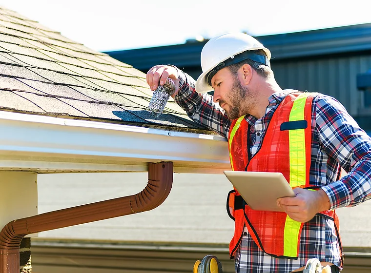 Roofer inspecting gutters and fascia